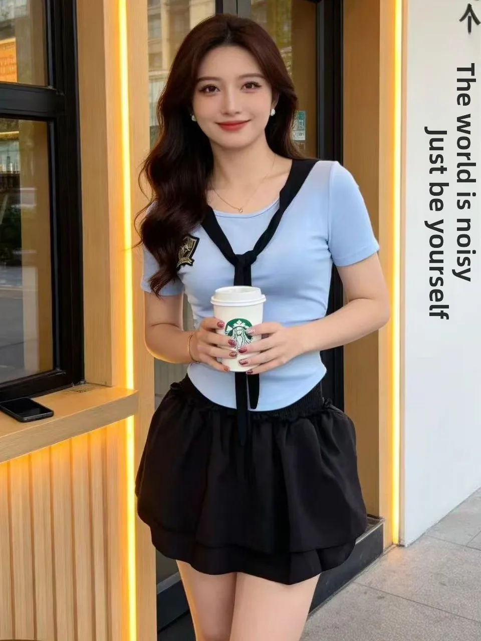 

Summer Uniform Navy Short Sleeve Splice Anti-Aging Cake Skirt Sexy Top Slimming Women's Two-Piece Set High Waist Short Skirt