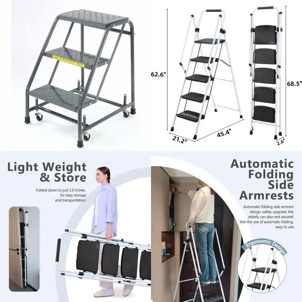 Escalera rodante de acero con ruedas con resorte, sin pasamanos, escalones perforados, sin montar, tamaño estándar, Grado industrial La