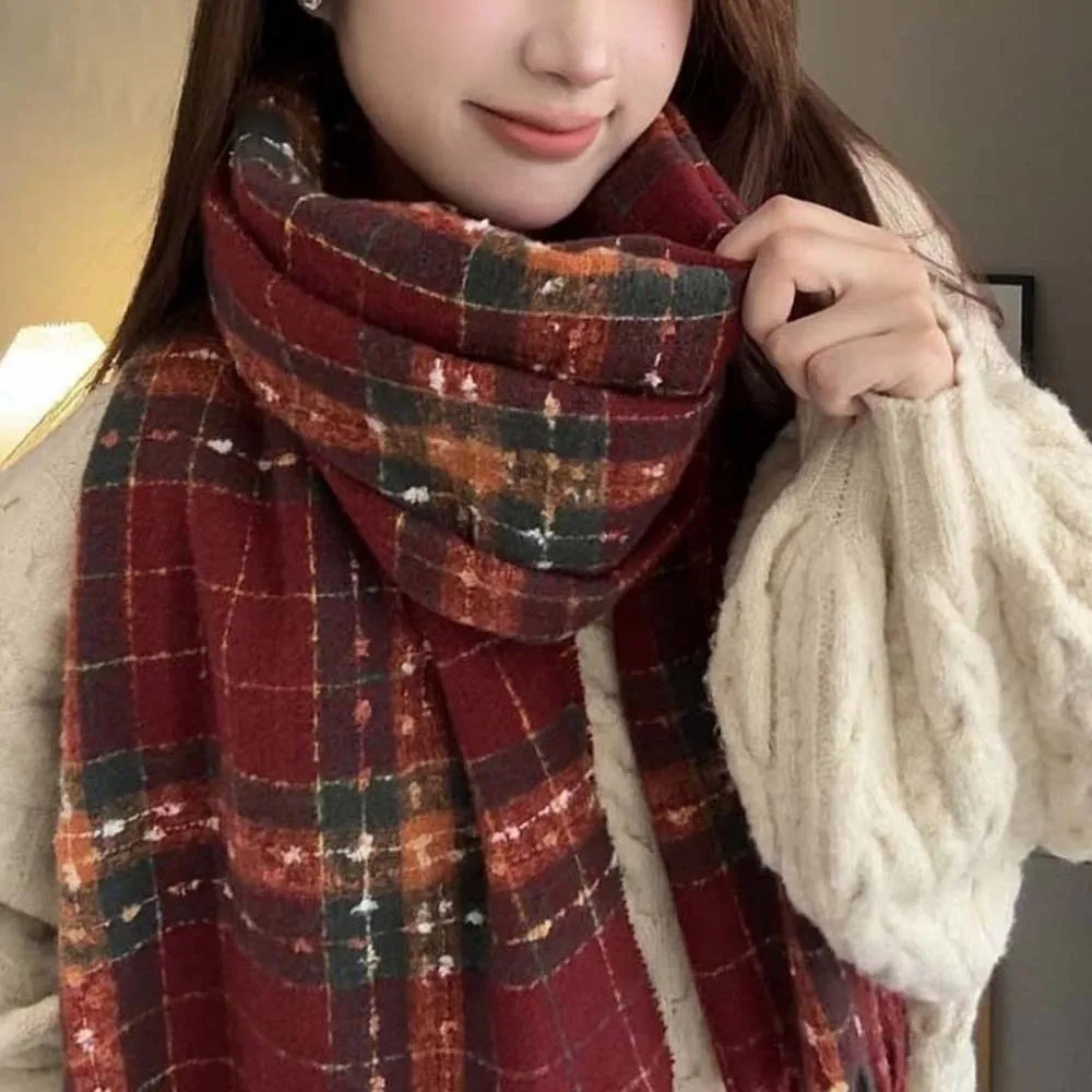 

Large Soft Plaid Knitted Scarf Classic Cold-proof Long Tassel Neckscarf Korean Style Solid Color Women Thickened Scarf Spring