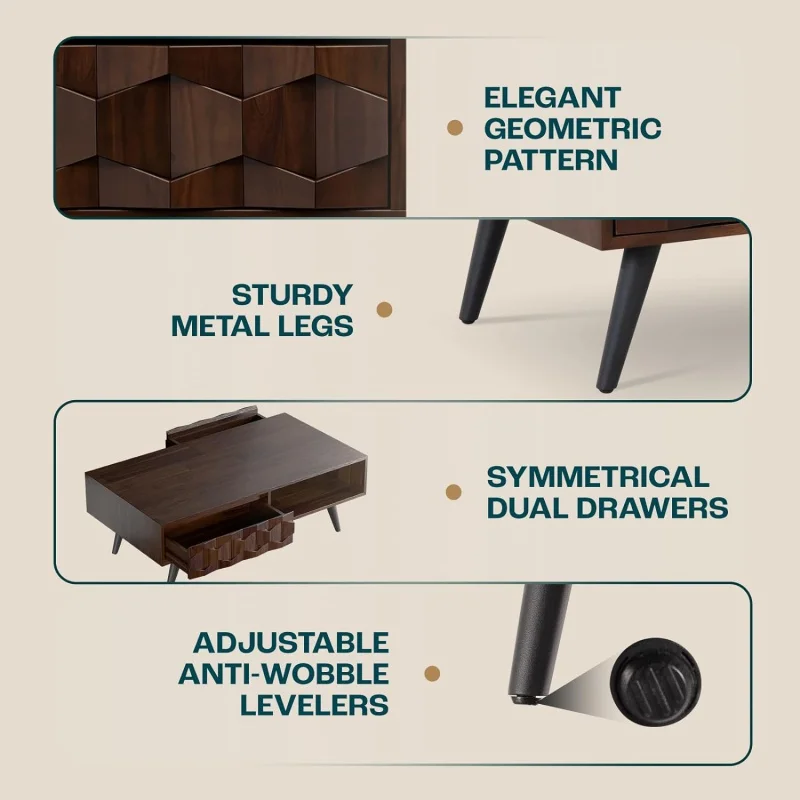 Bme Georgina-mesas de centro de madera maciza para sala de estar, mesa de centro moderna de mediados de siglo con 2 cajones de almacenamiento simétricos y amp