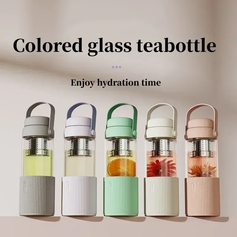 High Borosilicate Light Luxury Glass Water Bottle Color Transparent Teacup Portable Handle Outdoor Travel Tea Mug Flask