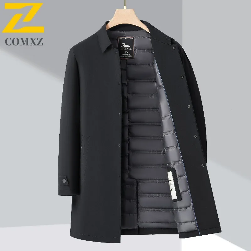COMXZ Brand Luxury Mens Long Down Jacket Working Thickened Warm Puffer Coat Casual Single Breasted Travel Windproof Winter Coat