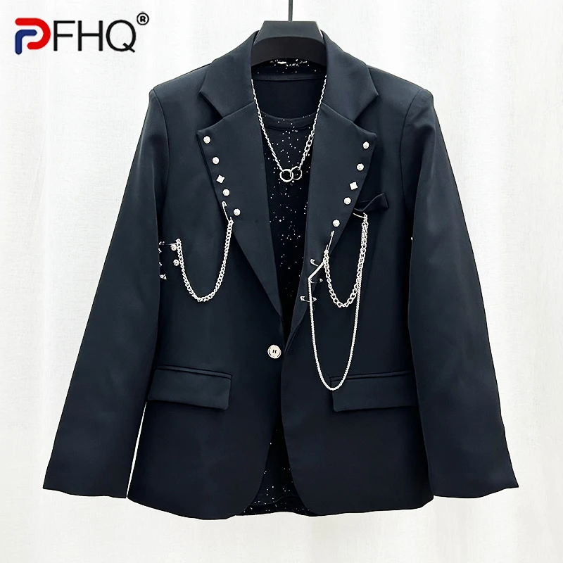 

PFHQ Spring Metal Decorative Chain Suit Coat Men's Korean Delicacy Handsome Original Advanced Trendy Loose Cool Blazers 21Z4040