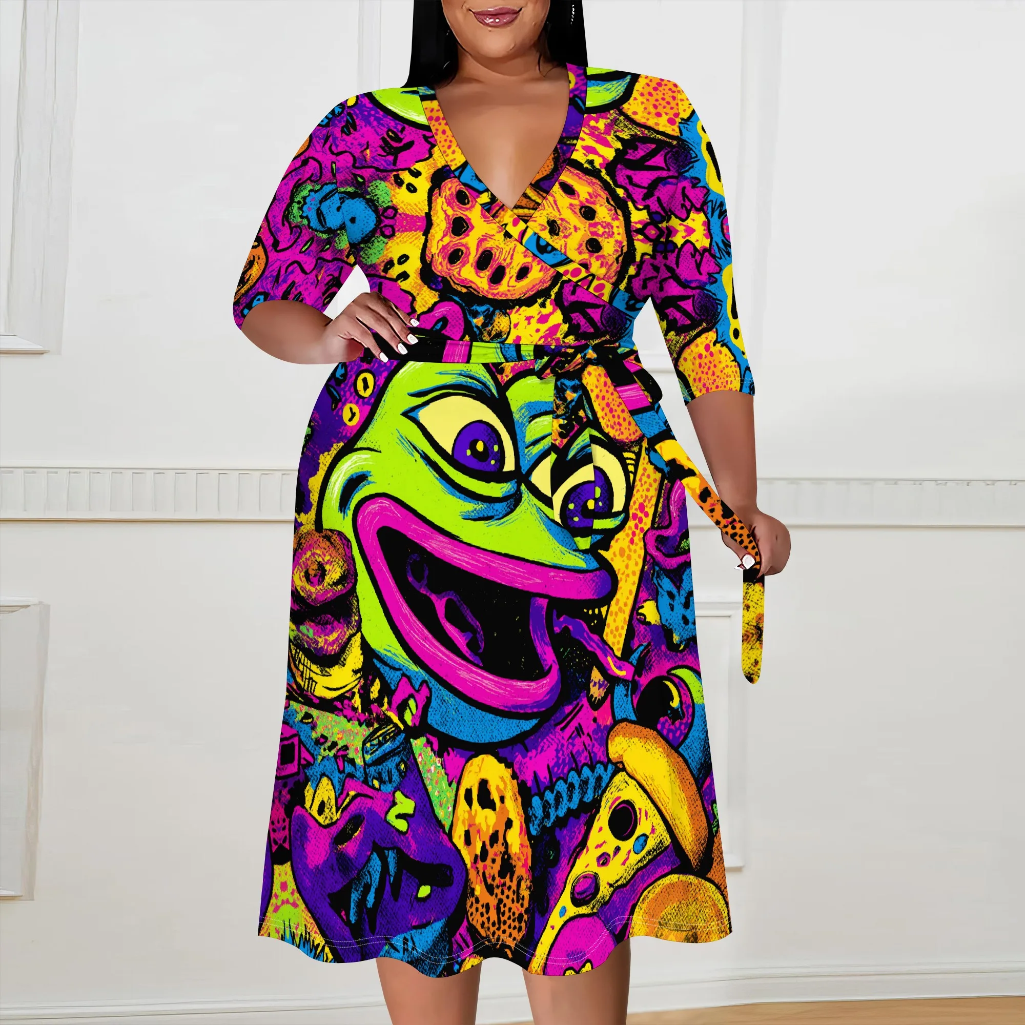 

Plus Size Street Art Print V-Neck Midi Dress for Women Casual Wrap Graphic Bodycon Dress with Belt XL-6XL