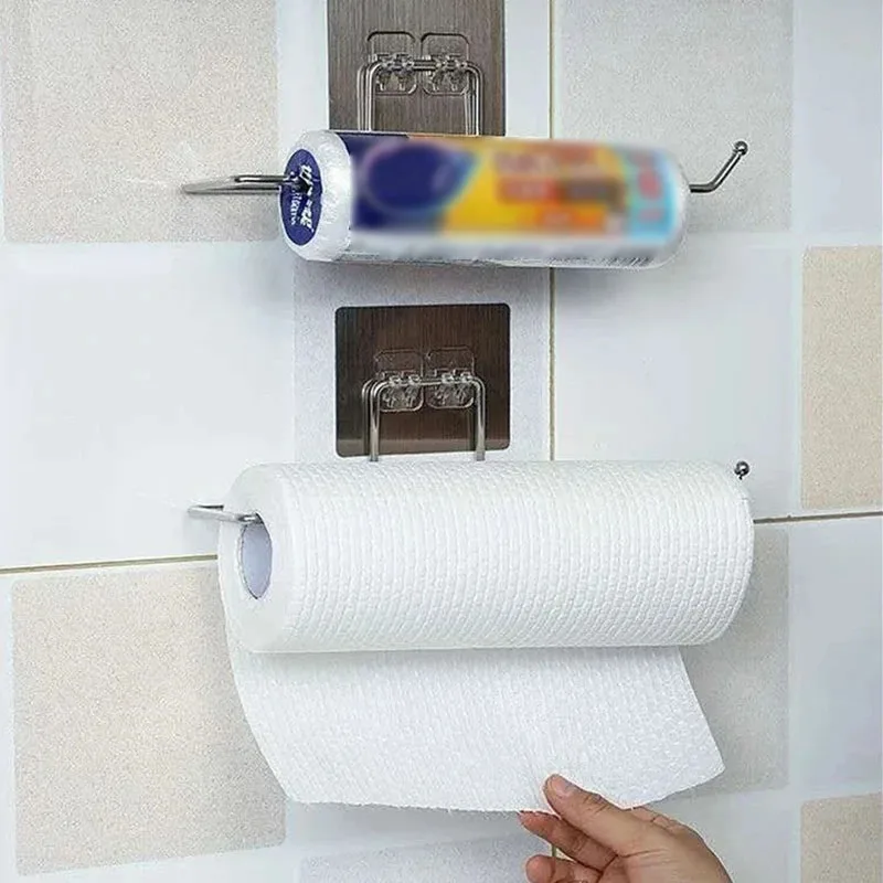 Lazy person cloth stainless steel bracket without punching pasted with kitchen bathroom toilet tissue storage rack hanging rack