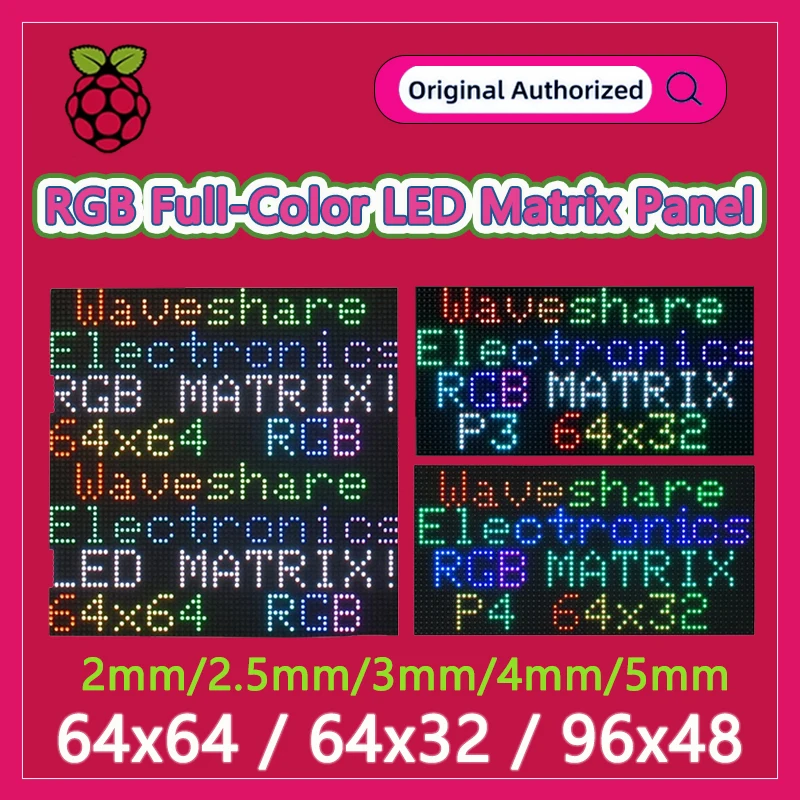 Waveshare RGB Full-Color LED Matrix Panel 2/2.5/3/4/5mm Pitch 64×32/64×64/96×48 Pixels Adjustable for Raspberry Pi/Arduino
