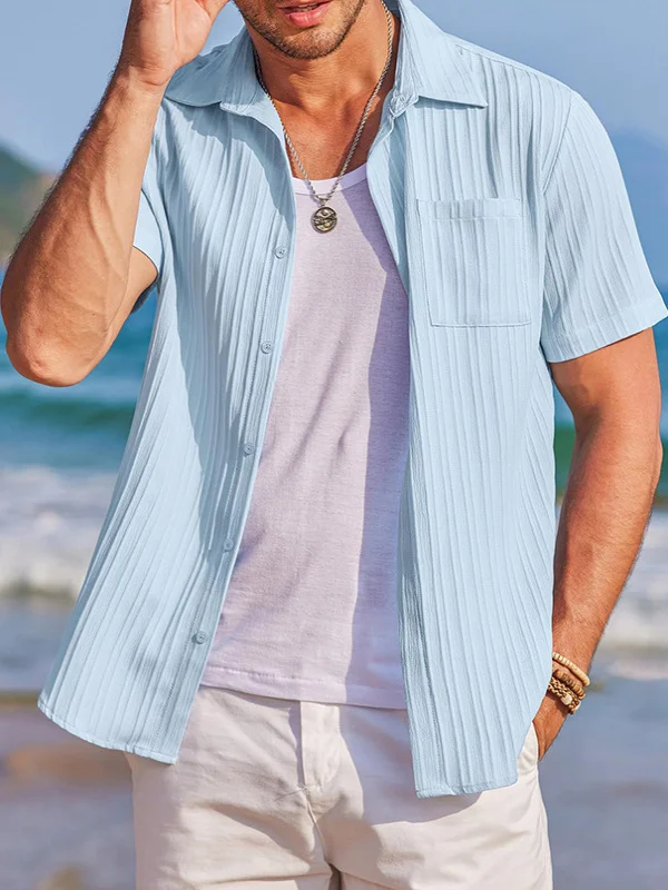 

Men's Faion Textured ort Sve Casual irt Summer New Loose Pure Color Breathable American Sle Button up Beach Wear