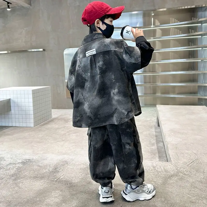 Children's Clothing Boys' Set Spring And Autumn 2024 New Style Workwear Sportswear Two-piece Jacket Pants Tie-dyed Cool Suits