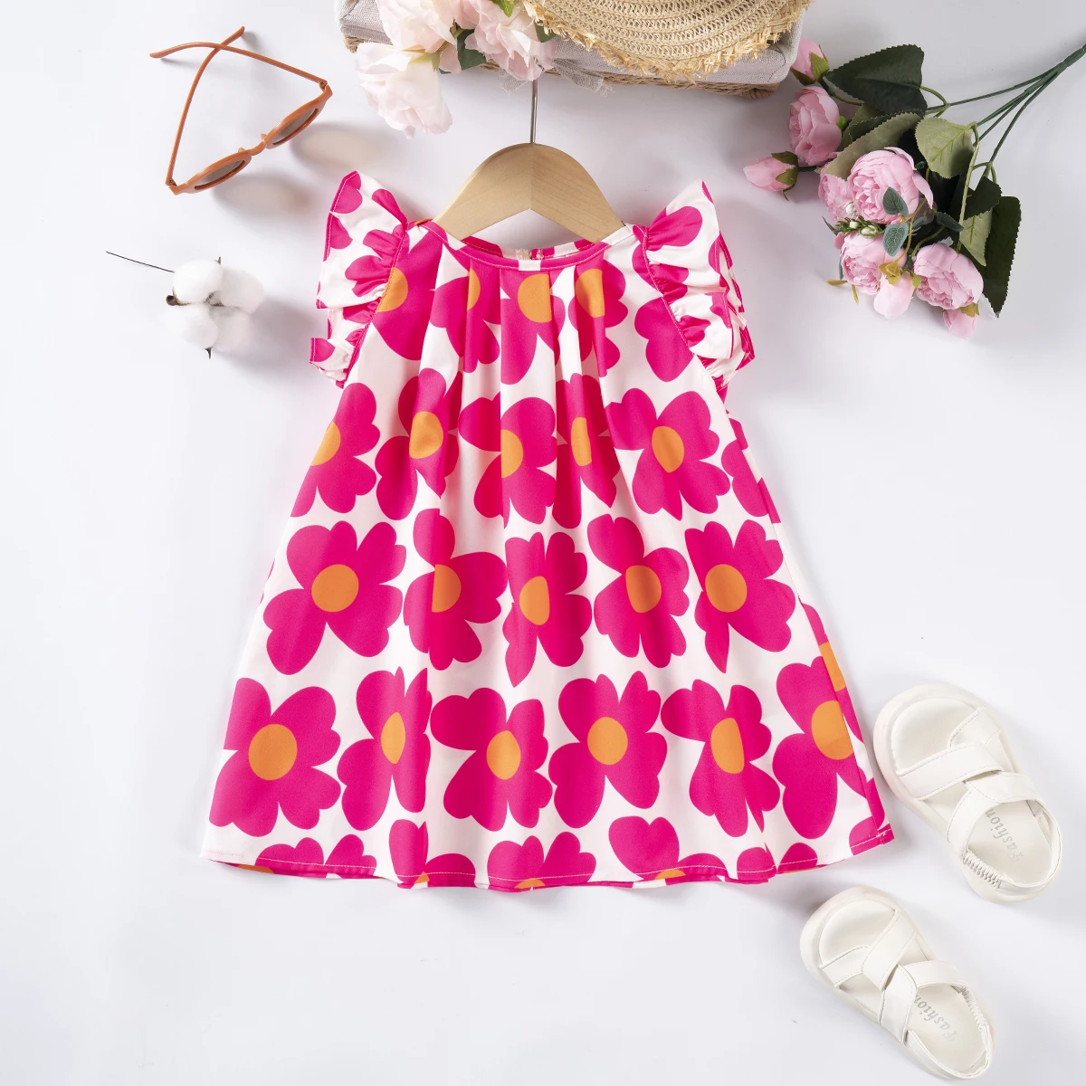 2024 Summer Sleeveless New Children\'s Countryside Style Fragmented Flowers Cute Casual Flying Sleeve Princess Dress