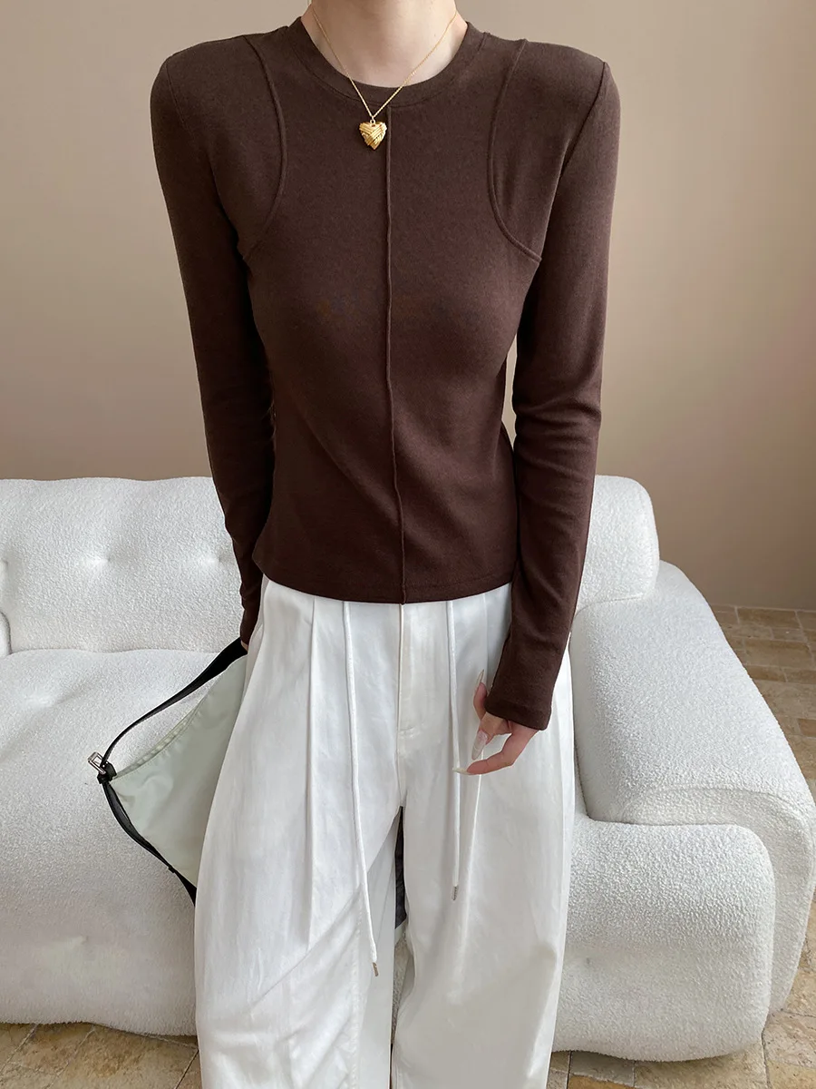 تي شيرت نسائي كاجوال بخياطة ضيقة وقاعدة تنحيف وأكمام طويلة #3