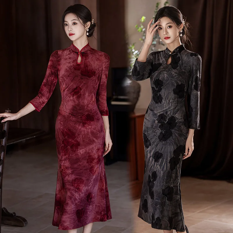 

Long Sleeved Cheongsam 2025 Autumn Winter New Retro Style Slim Long Mermaid Temperament Dress Feminine Qipao
