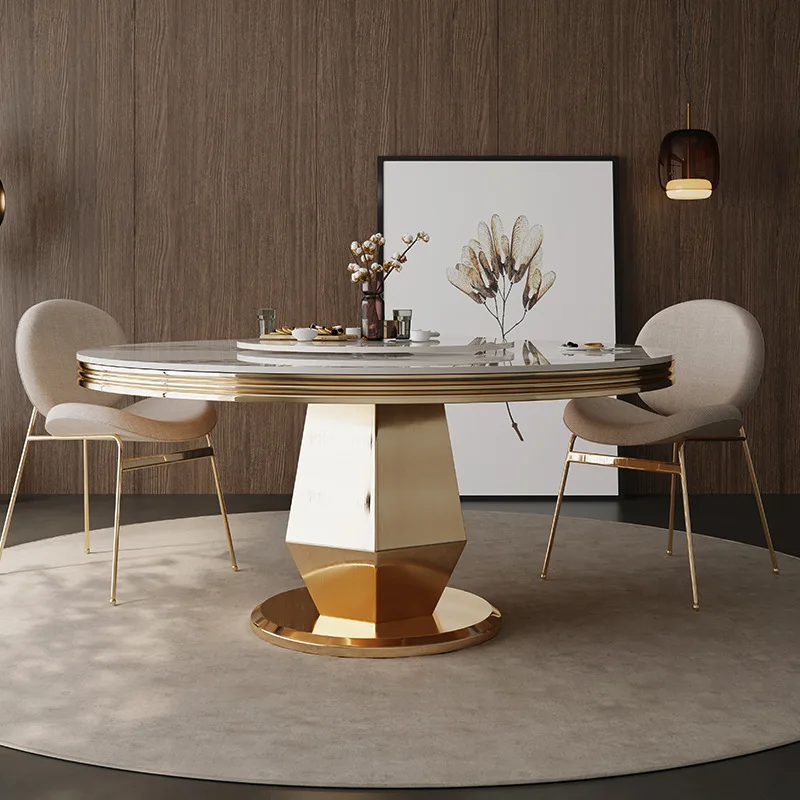 Marble dining table round dining table and chair combination titanium stainless steel round table