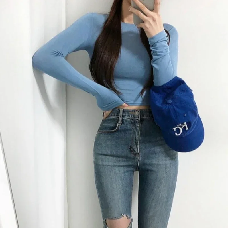 كم طويل عادية المحاصيل القمم المرأة الأساسية تي شيرت الربيع س الرقبة امرأة الصلبة سليم المحملة Y2k الملابس مثير رقيقة انظر من خلال تي شيرت #4