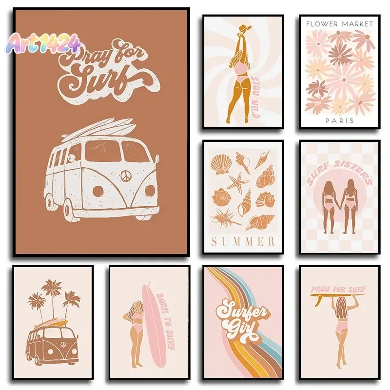 Boho Beach Surfer Girls Modern Surfboard Summer Seashell Poster and Print Canvas Printing Wall Art Picture for Living Room De