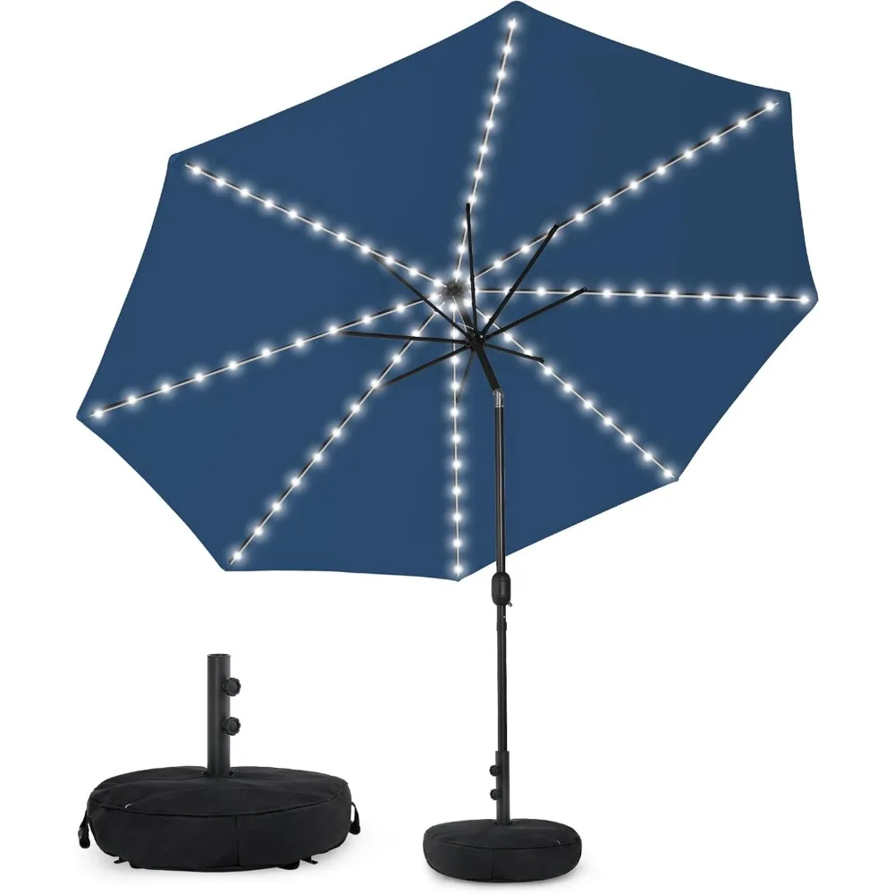 

5-Year-Non-Fading Solar 88 LED 10FT Solar Patio Umbrella with Sand Bag Base, Outdoor Umbrella with Tilt and Crank, Navy