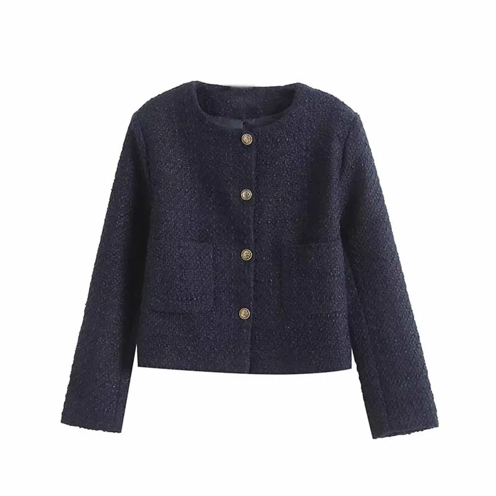 

Women's new Fashion gold button decoration casual O Neck texture jacket coat long sleeved pocket women's coat chic top Skazi