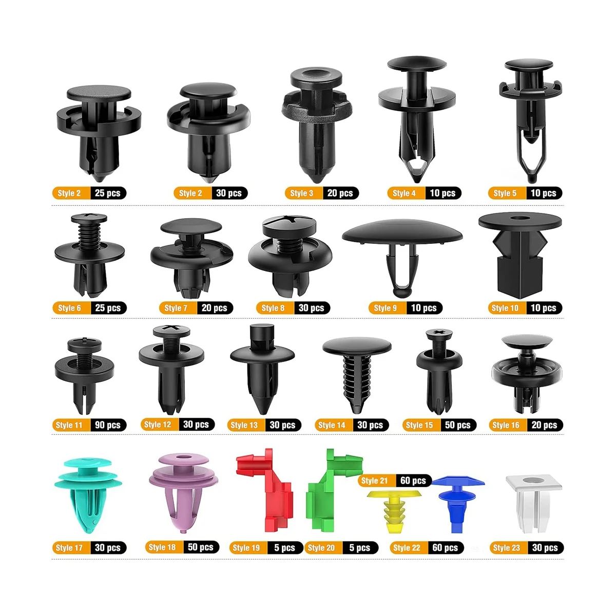 725Pcs Car Push Retainer Clips & Auto Fasteners Assortment - 23 Prevalent Sizes Bumper Mudguard Rivets with Cable Ties