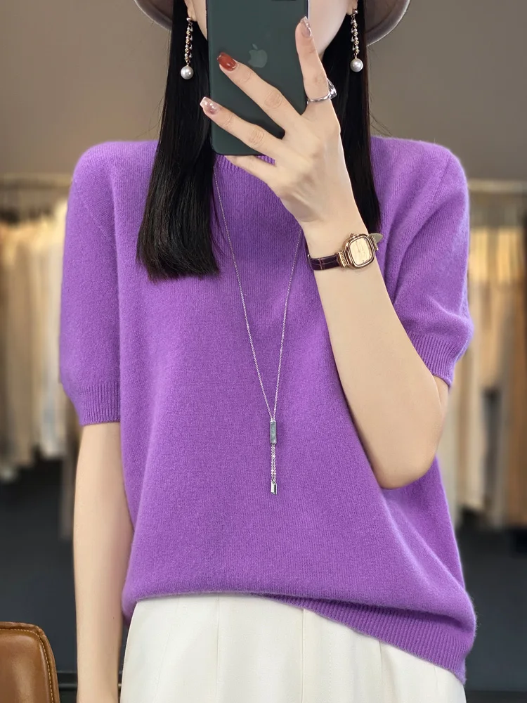 100% pure wool T-shirt Spring/Summer 2024 new women's O-neck pullover short sleeve loose five-sleeve sweater high-end top.