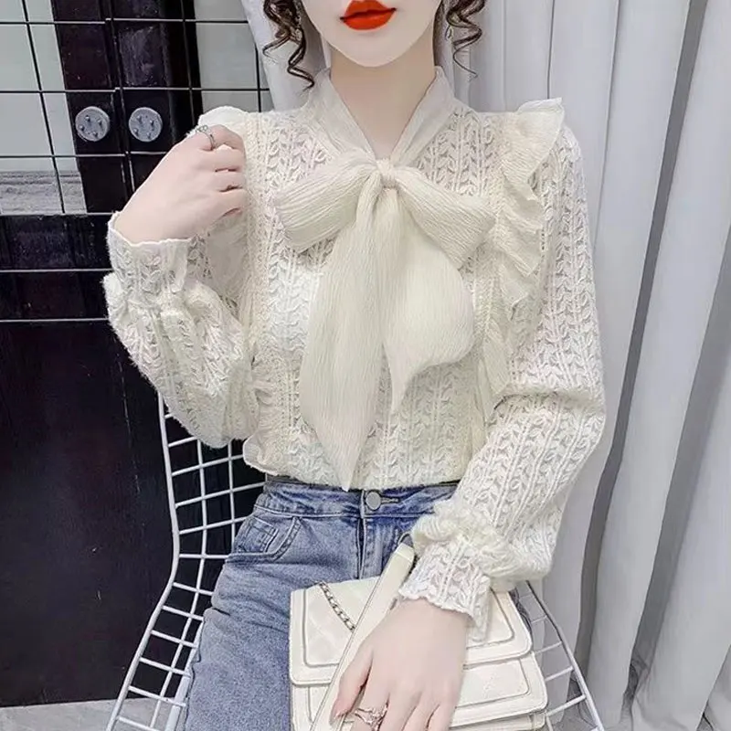 女性用リボン付きスリムシャツ,フリル,スカーフ,ドローストリング,エレガント,ファッショナブル,カンジュート,甘い,春,秋