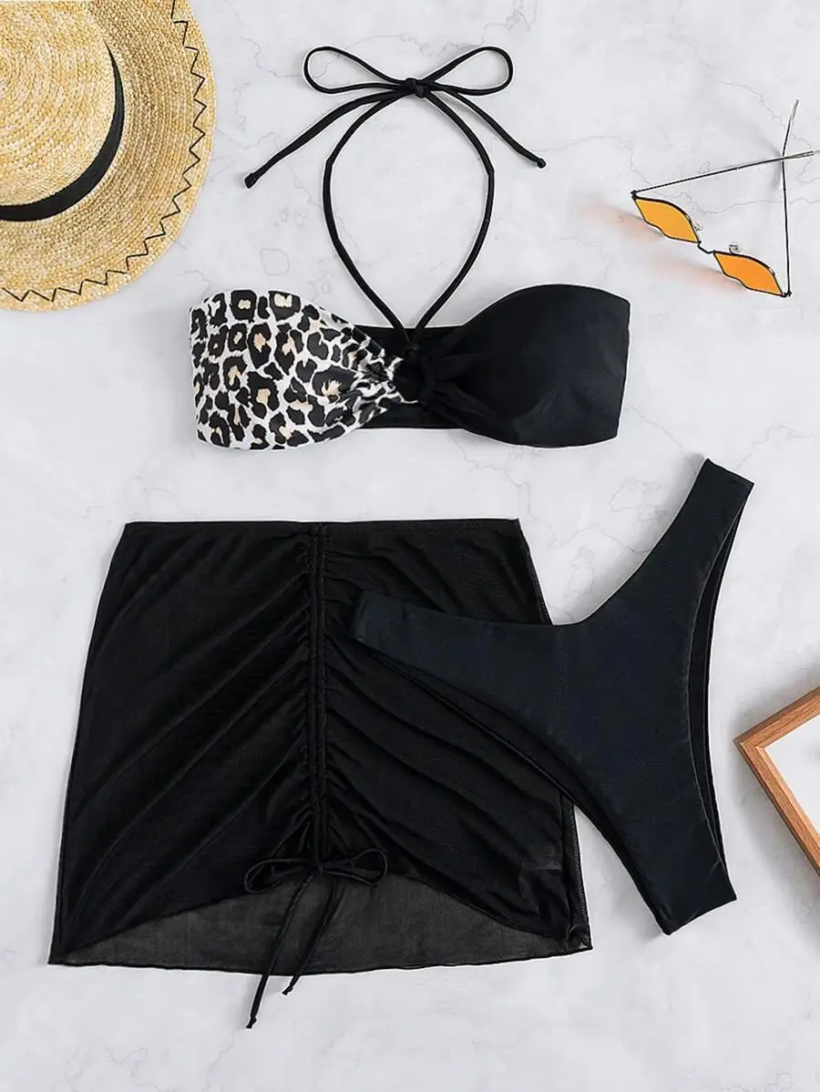 Bikini Three-piece Stitching Tube Top Sexy Open Back Bikini Sexy Print Women Swimsuit High Waist Bathing Suit Leopard L
