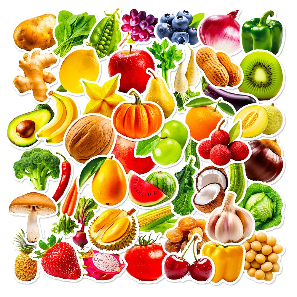 

50 Sheets Fruit Vegetable Stickers Kids Educational Activity Vibrant Printable Decals for Water Bottles Laptops Fridge Journals