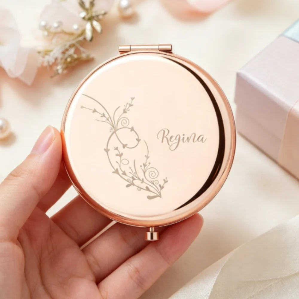 Personalized Art Vine Custom Name Compact Folding Pocket Makeup Mirror, Birthday Gift For Sister Friend