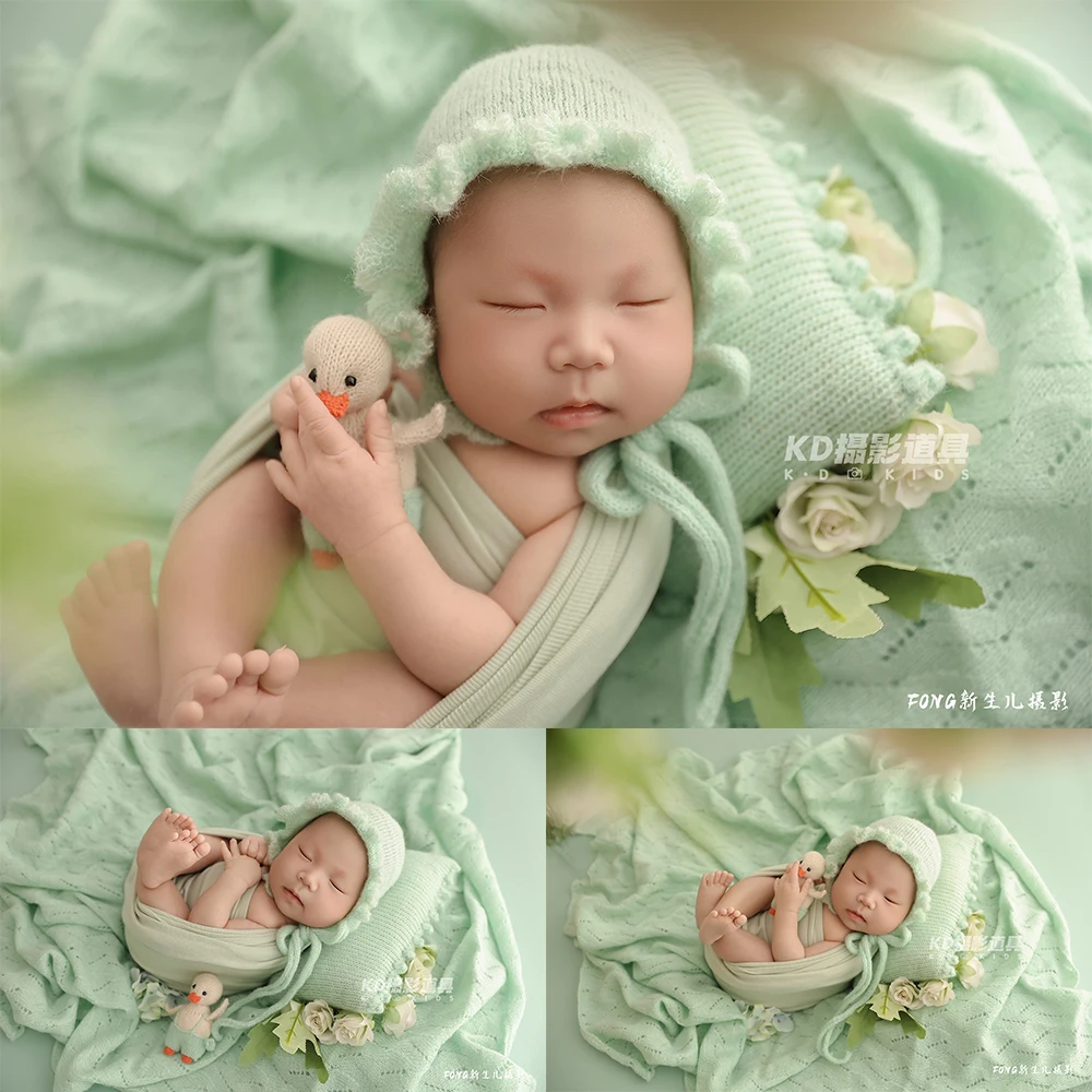 Green Theme Newborn Photography Scene Props Knitted Hat Doll Pillow Knit Blanket Photo Studio 0-1 Month Baby Shooting Accessory