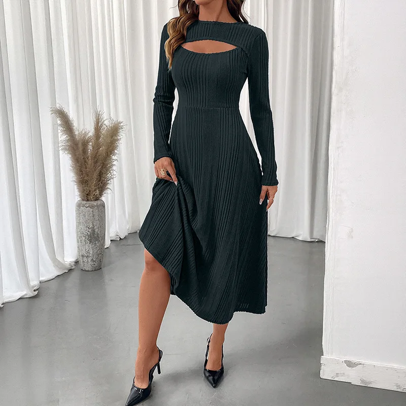 Women's Autumn Dress Evening Dresses Long Sleeve Ribbed Knit Midi Dress with Cutout Neckline Elegant Party Dress for Fall