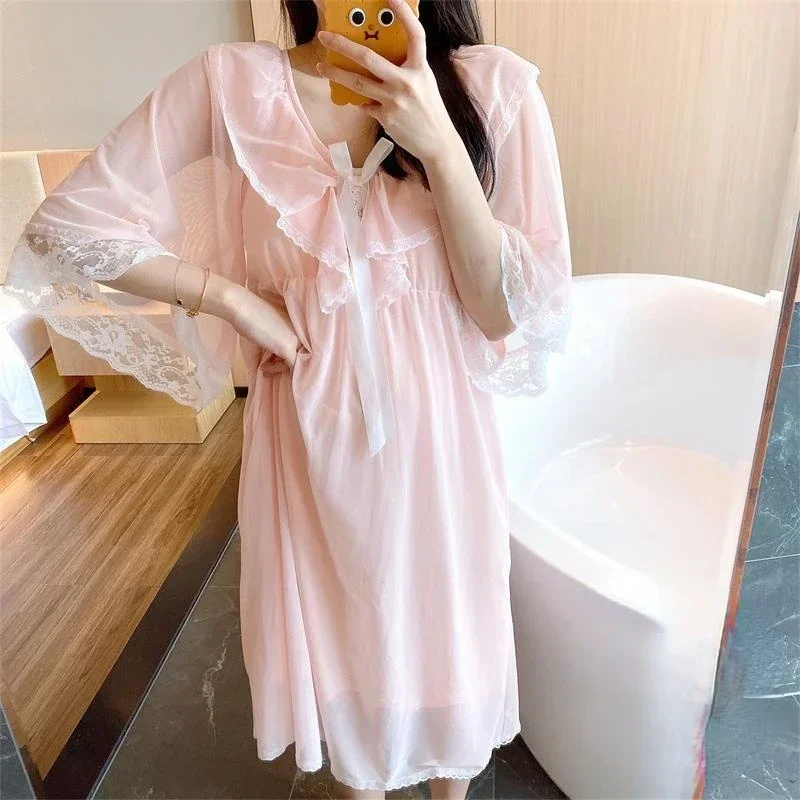 Bra Pads Lolita Nightie Princess Sleepwear Night Dress Victorian Vintage Nightgowns Women Fairy Cotton Mesh Long Sleeve Peignoir