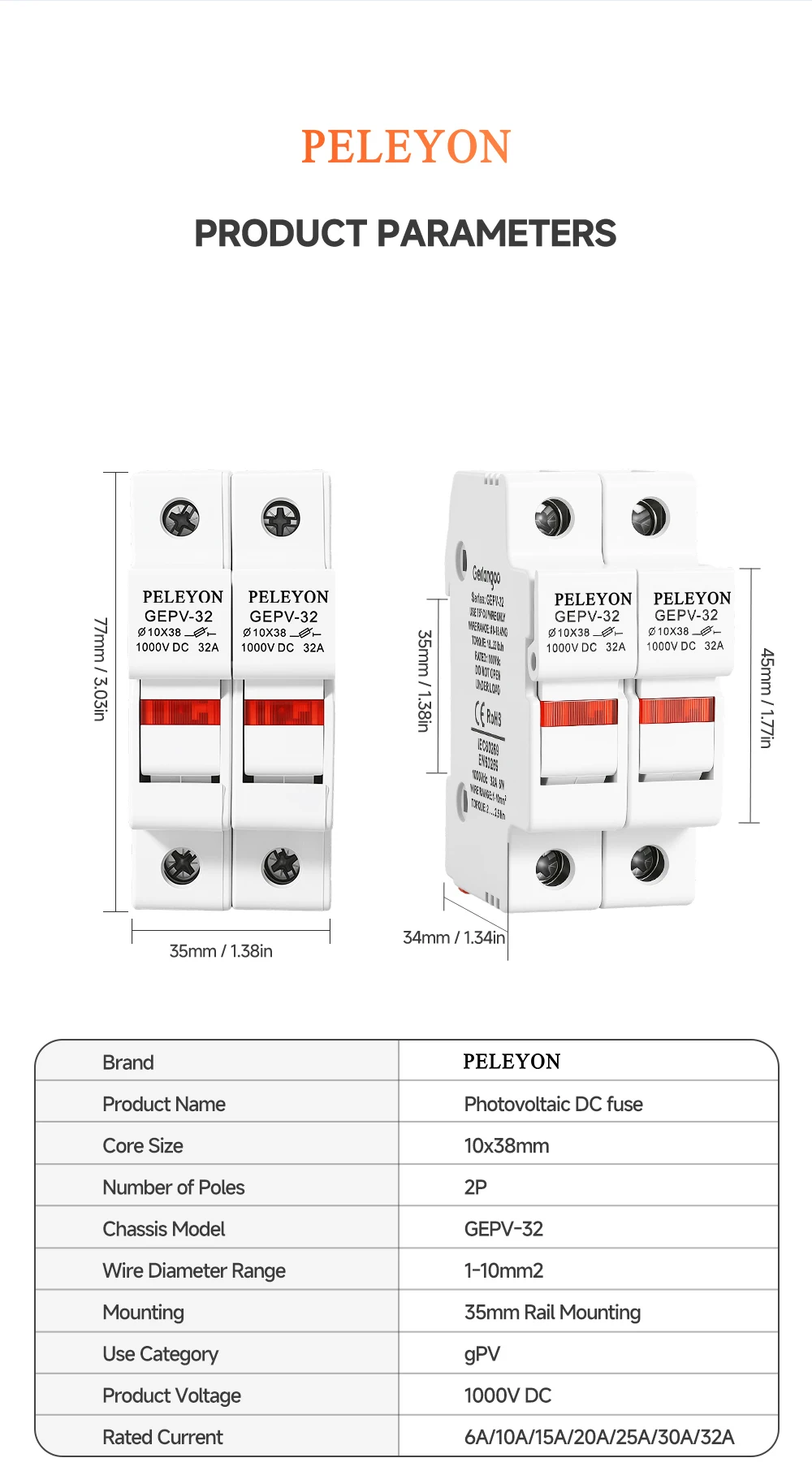 1 Stück 2P DC Sicherungshalter 10*38mm Hochspannung Solar-PV 1000V Basis Photovoltaik-System-Schutzvorrichtung GEPV – Detail 4