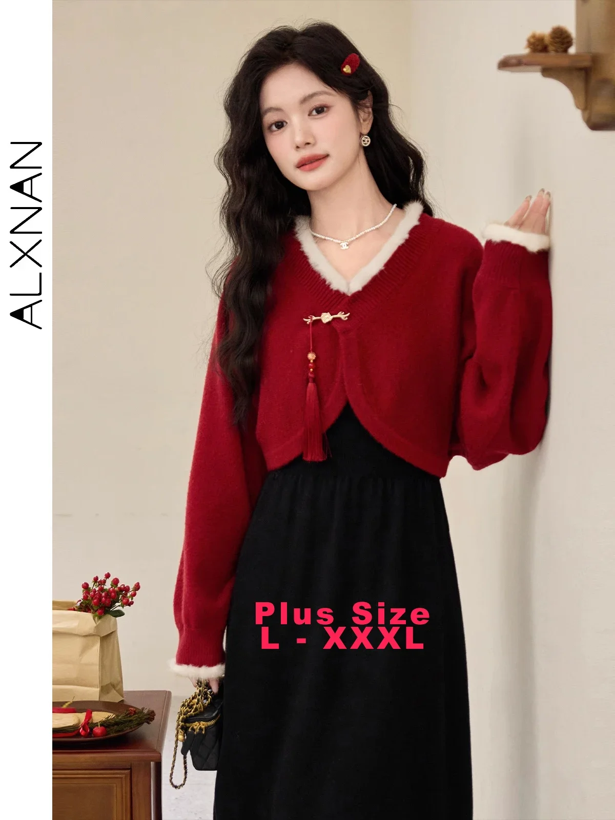 

ALXNAN Neo-chinese Plus Size Cardigan for Women Metal Rose Button Batwing Sleeve Tassel Cropped Sweater Sold Separately D08123SY