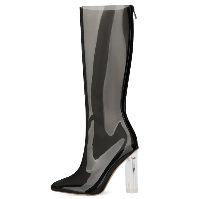 

Knee High Boots for Women Shiny Reflective Patent Leather Clear Chunky Heels Side Zipper Design Trendy Party Nightclub Footwear