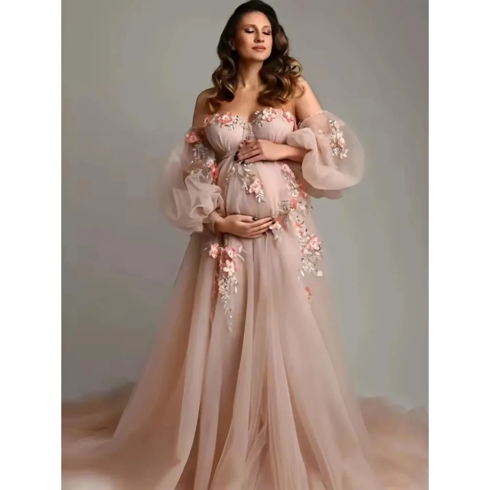 

Charming Pink Maternity Robes Off Shoulder Sweep Train Long Sleeves Photography Dress Customized Appliques Pregnant Women Gowns