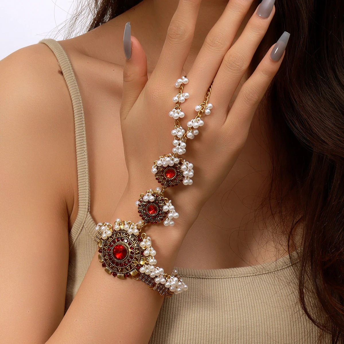 Exquisite Vintage Kristall Runde Boho Handgelenk Armband Frauen Gold Farbe Finger Ring Kette Perle Quaste Dame Ästhetischen Schmuck Set