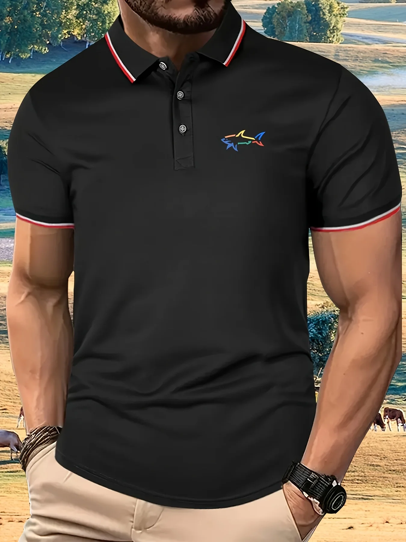 Men\'s Summer 100% Cotton Colorful Shark Pattern Printed Loose Large Casual Polo Collar Short Sleeve POLO Shirt Top