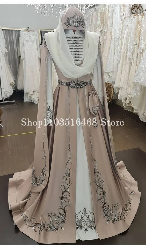 Arabic Wedding Dress 2025 Lotus Root Pink High Neck Embroidered Beaded Long Sleeve Muslim Bridal Gown فساتين سهرة Customised