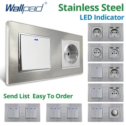 Wallpad Silver Stainless Steel Panel Wall Light Switch LED Dimmer USB Charge EU Socket Outlet  1 2 3 Gang 2 Way Reset 172*86mm