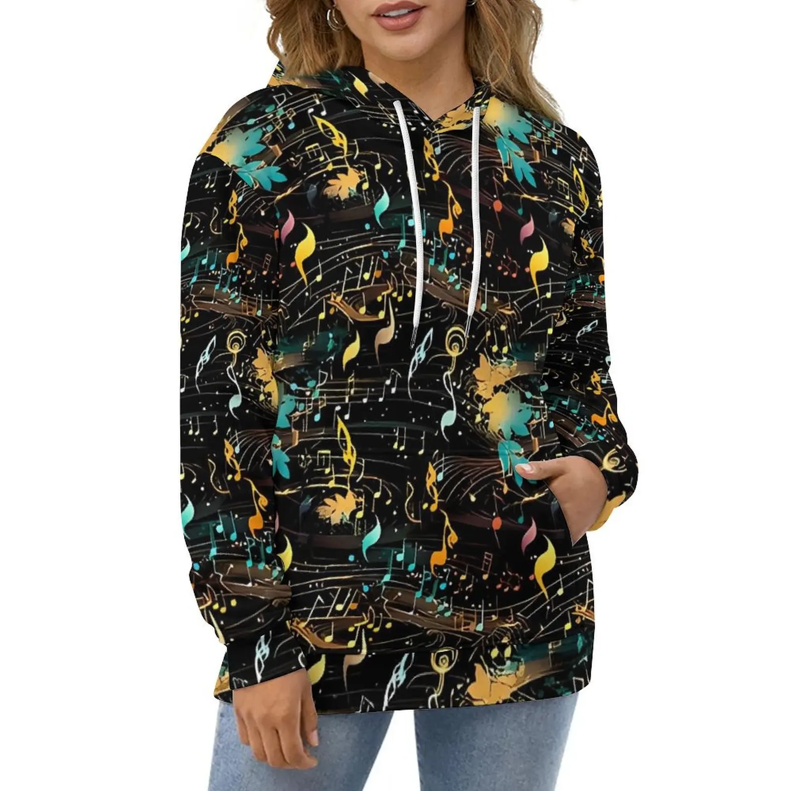 Abstract Music Note Hoodies  Classic Oversized Hoodie Female Long Sleeve Retro Pattern Casual Sweatshirts