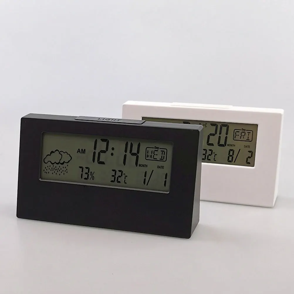 

Student LCD Weather Display Desktop Clock Black Temperature Humidity Multi-Function Snooze Alarm Clock for Bedroom