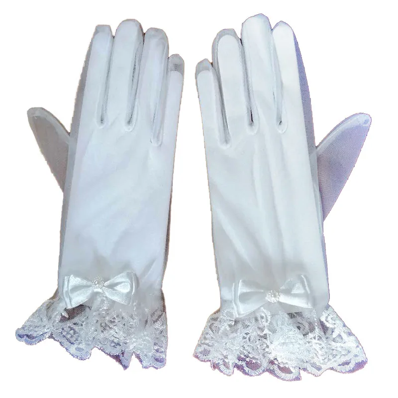 Ivory Short Fingerless Tulle Bridal Gloves with Pearl Accent & Lace Cuff Perfect for Summer Weddings