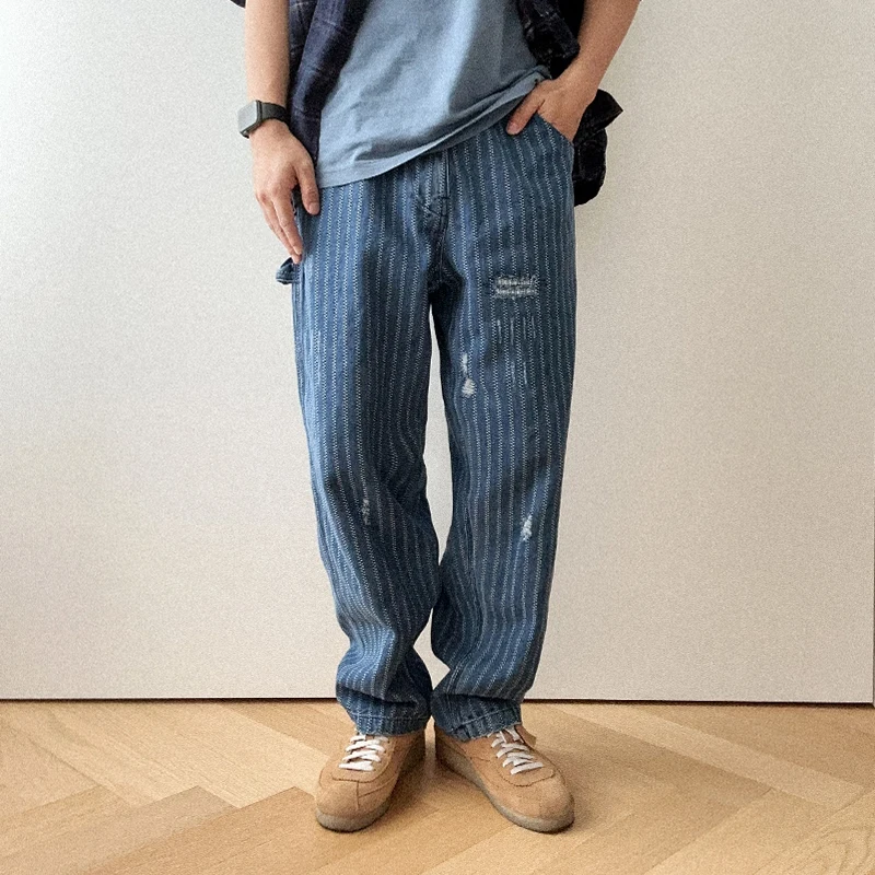 

American Retro Spring/Amekaki Vertical Stripes Washed Loose Fitting Jeans for Men and Women Straight Leg Pants