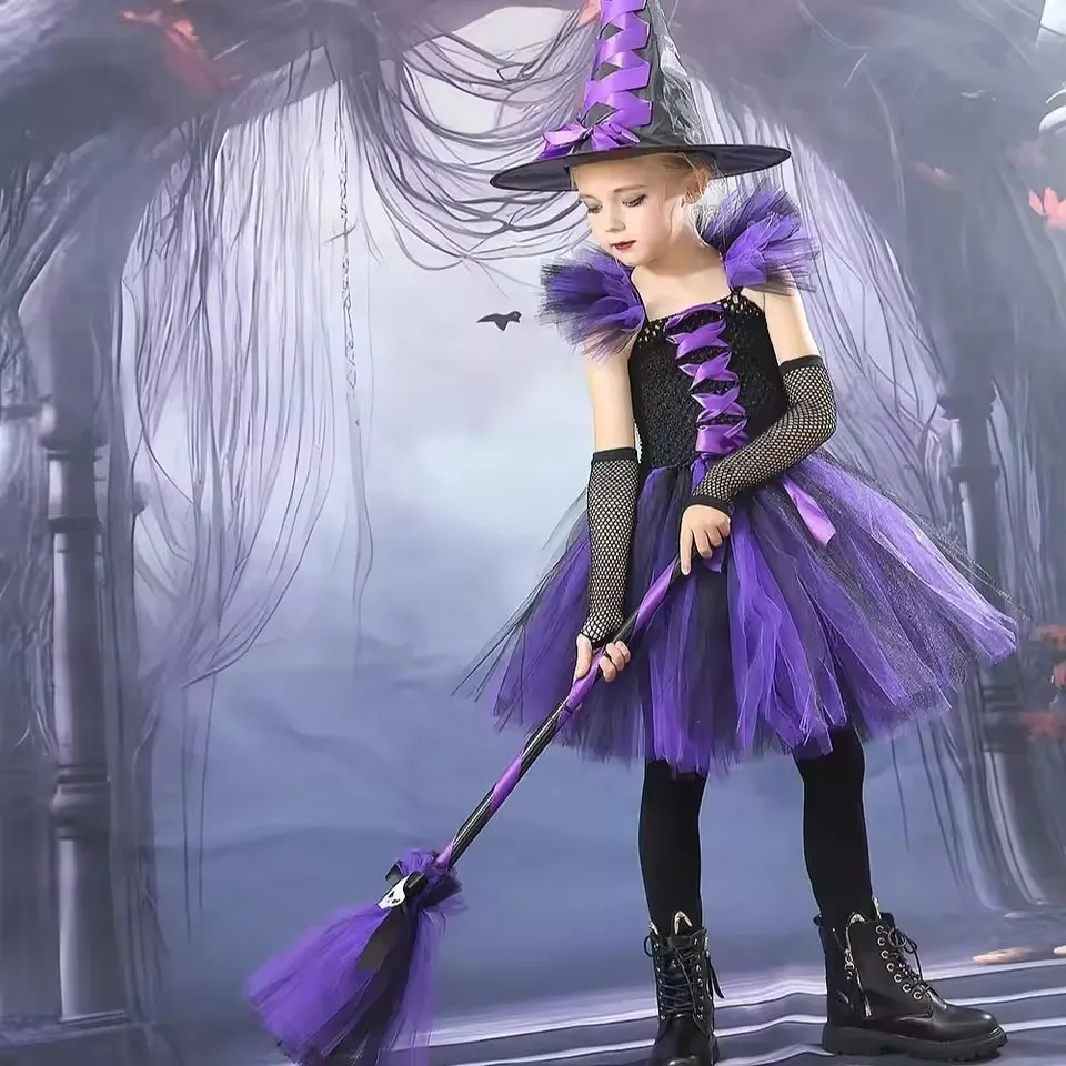 Girls Witch Tutu Kids Halloween Costume Disguise Cosplay Carnival Party Children Princess Dress Prom Gown Dress Clothing Bag Hat