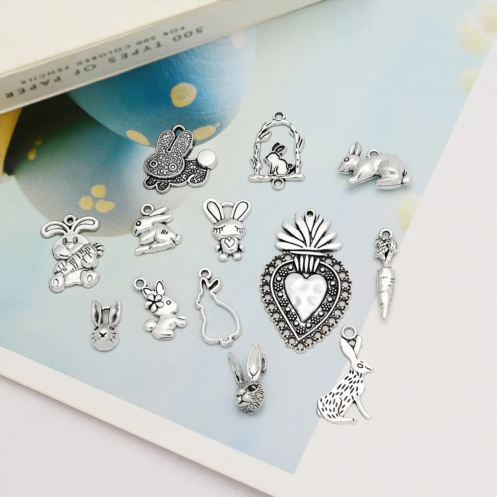 Antique Silver Plated Bunny Easter Charms Rabbit Pendants For Jewelry Making Supplies Diy Keychain Earrings Necklace Bracelets