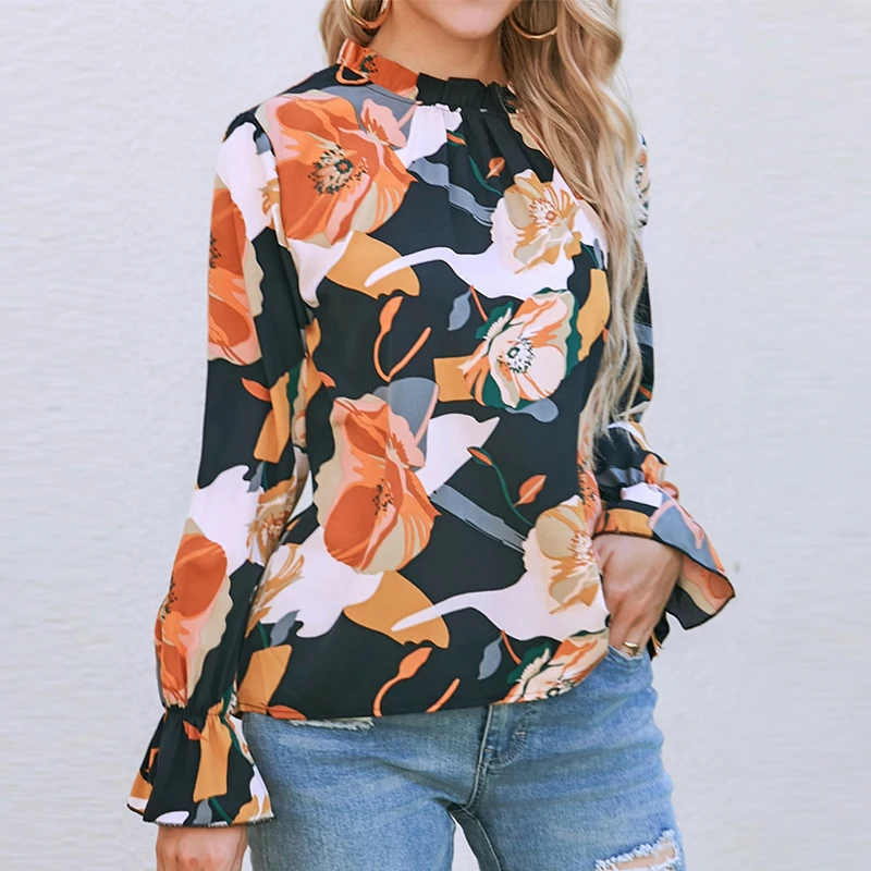 

New Casual Loose Shirts Fashion Print Blouse Autumn Long Flare Sleeve Edible Fungus Collar Tops Women Clothes Blusas 29098