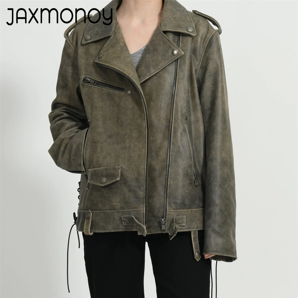 

Jaxmonoy Women Real Leather Jacket Spring Fashion Loose Genuine Leather Coat Lady Autumn High Quality Overcoat 2024 New Arrival