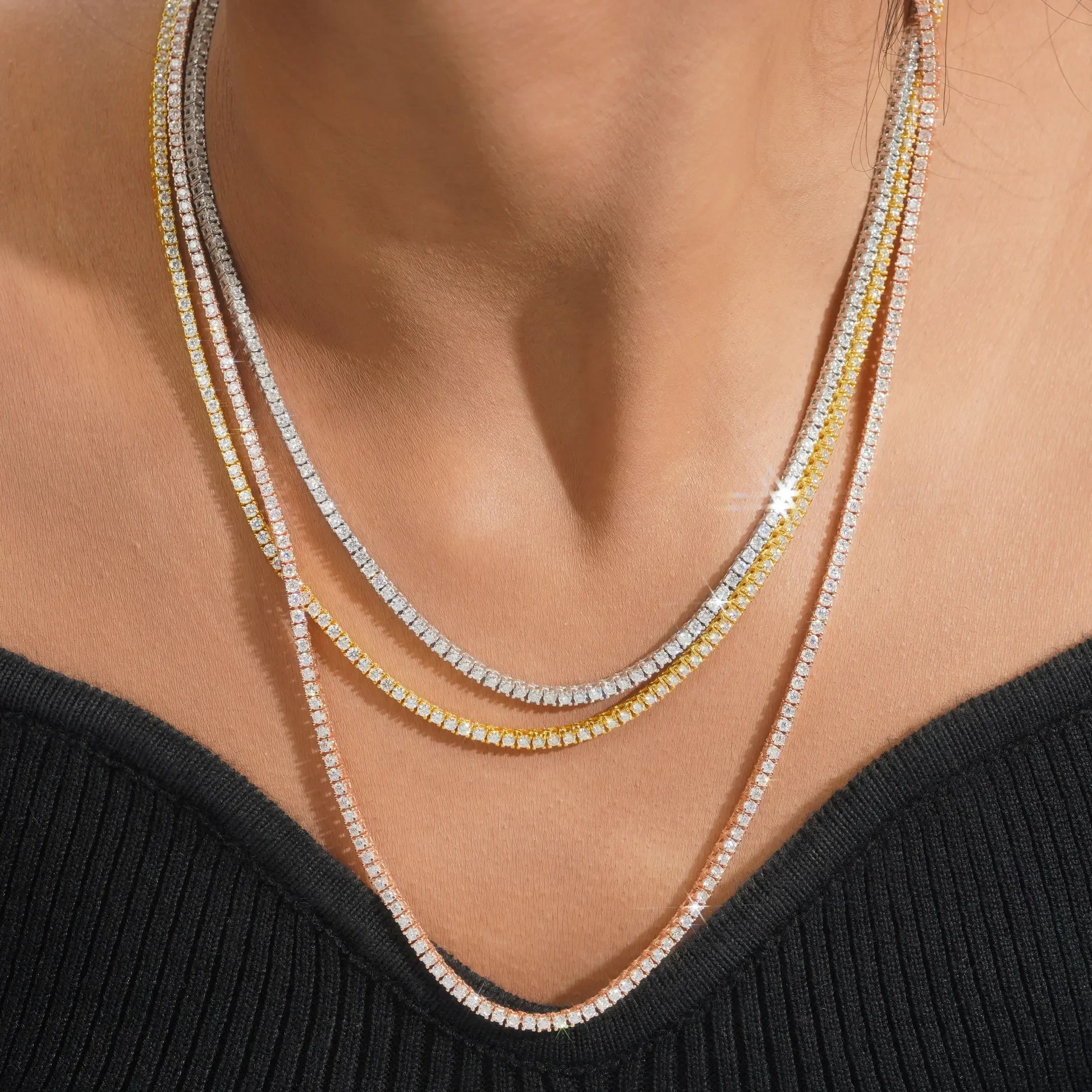 EWYA Full 2mm Moissanite VVS Micro Tennis Chain for Women Men 925 Silver Passes Diamond Tester 16 18 20 24 inch Necklace Gift