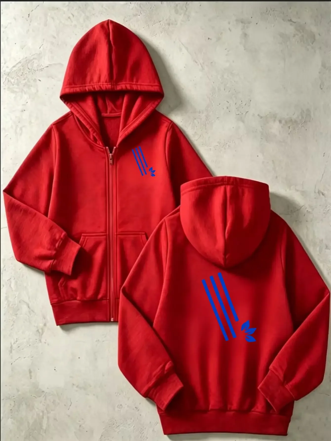 Kids Simple Blue Stripe Leaf Print Zip Up Hoodie Loose Long Sleeve Hooded Jacket Sporty Casual Outerwear For Boys Girls