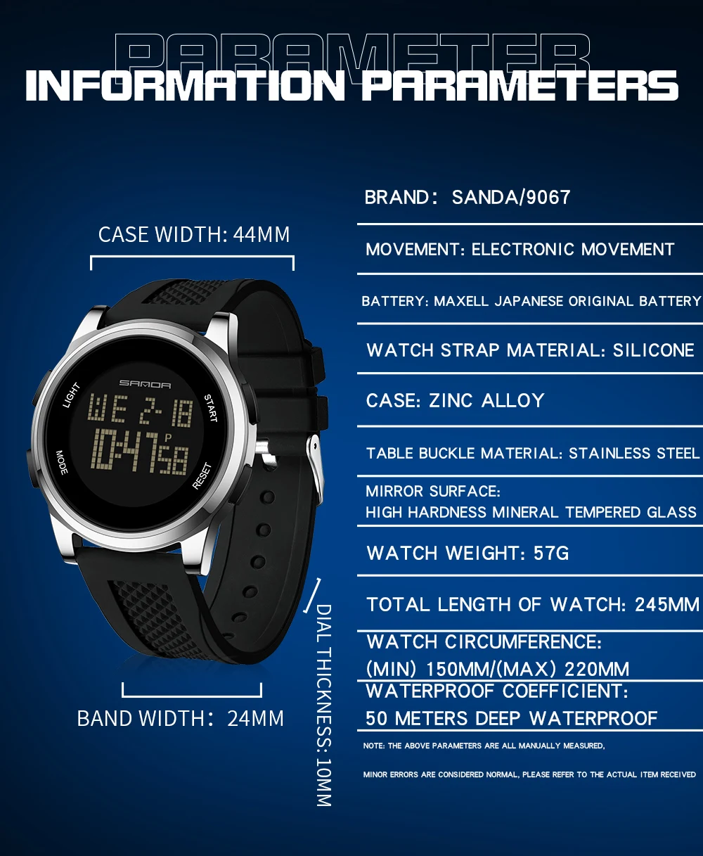 Fashion SANDA Top Brand 9067 Top Brand Luxury LED Stop Waterproof Men\'s Electronic Clocks Digital Military Sports Wrist Watches