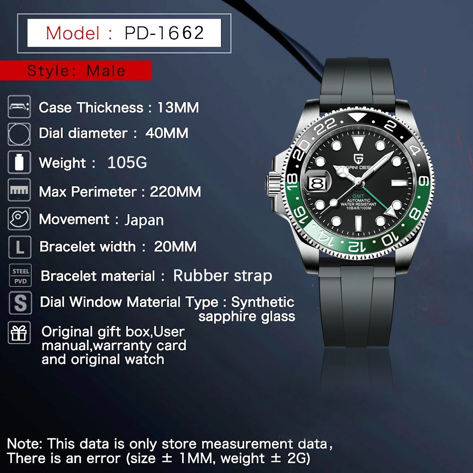 PAGANI DESIGN 40mm GMT Men's Mechanical Watches 100M Waterproof Top Brand Sapphire Glass Stainless Steel Business Men's Watch