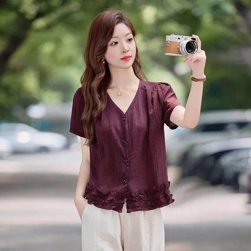 Korean All-match Fashion Suit for Women, New Summer Style Elegant Wooden Ear Short-sleeved Casual Top